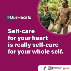Self Care for your heart poster with man and woman walking