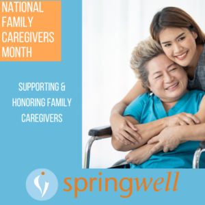 young woman hugging older woman on poster for Family caregivers month