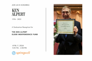 Invitation to the Ken Alpert Elder Independence Fund Dedication reception with picture of Ken holding an award certificate